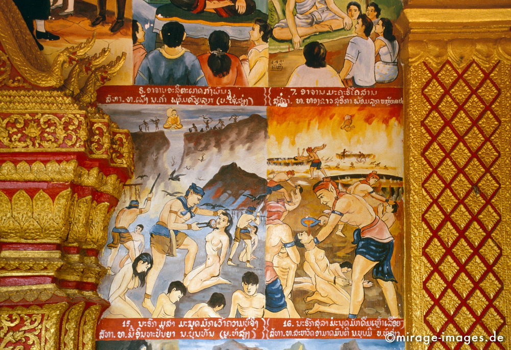 Wandmalerei im Tempel
Luang Prabang
Schlüsselwörter: Meditation, Buddhismus, Religion, Glauben, Spiritualität, Anbetung, Ruhe, zeitlos, Esoterik, Frau, weiblich, Glauben, gläubig, religiös, Kontemplation, Kloster, authentisch, Kunst, Hölle, Qualen, quälen, Wandmalerei, Gewalt, Brutalität, gold,